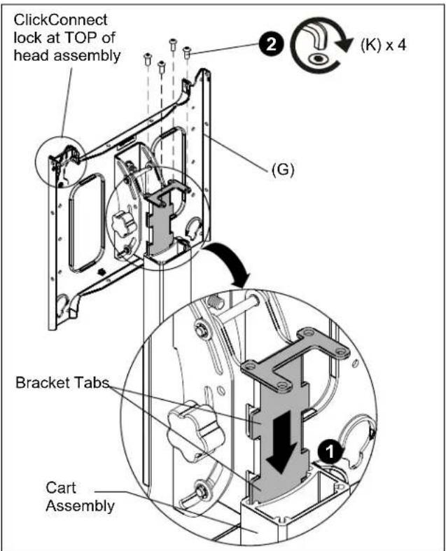 ClickConnect lock at TOP of head assembly (G) (K) x 4 Bracket Tabs Cart Assembly