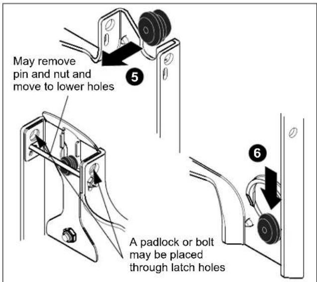 May remove pin and nut and move to lower holes A padlock or bolt may be placed through latch holes