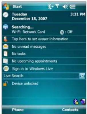 Start Tuesday December 18, 2007 3:31 PM Searching... Wi-Fi: Network Card : Off Tap here to set owner information No unread messages No tasks No upcoming appointments Sign in to Windows Live Live Search Device unlocked Phone Contacts