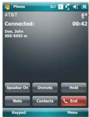 Phone AT&T Connected: 00:42 Doe, John 555-5555 m Speaker On Unmute Hold Note Contacts End Keypad Menu