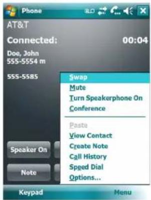 AT&T Connected: 00:04 Doe, John 555-5554 m 555-5585 Swap Mute Turn Speakerphone On Conference Paste View Contact Create Note Call History Speed Dial Options... Speaker On Note Keypad Menu