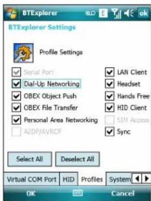 BTExplorer Settings Profile Settings Serial Port Dial-Up Networking OBEX Object Push OBEX File Transfer Personal Area Networking A2DP/AVRCP LAN Client Headset Hands Free HID Client SIM Access Sync Select All Deselect All Virtual COM Port HID Profiles System OK Cancel