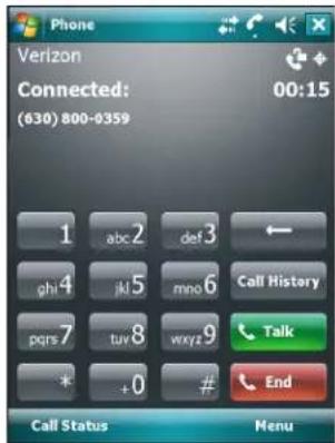 Phone Verizon Connected: (630) 800-0359 1 abc2 def3 ← ghi4 jki5 mno6 Call History pqrs7 tuv8 wxyz9 Talk + +0 # End Call Status Menu