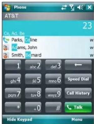 Phone AT&T Ce, Ad, Be Parks, Celine Adams, John Smith, Bernard 23 W W W 1 abc2 def3 ← ghi 4 jkl5 mno6 Speed Dial pqrs 7 tuv8 wxyz9 Call History * +0 # Talk Hide Keypad Menu