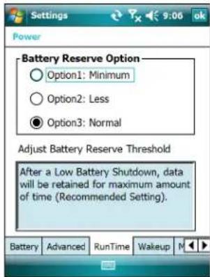 Settings 9:06 ok Power Battery Reserve Option Option1: Minimum Option2: Less Option3: Normal Adjust Battery Reserve Threshold After a Low Battery Shutdown, data will be retained for maximum amount of time (Recommended Setting). Battery Advanced RunTime Wakeup