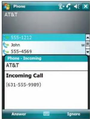 Phone AT&T 555-1212 John 555-4569 Phone - Incoming AT&T Incoming Call (631-555-9989) Answer Ignore