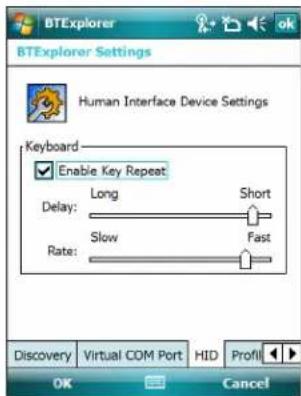 BTExplorer Settings Human Interface Device Settings Keyboard Enable Key Repeat Delay: Long Short Rate: Slow Fast Discovery Virtual COM Port HID Profil OK Cancel