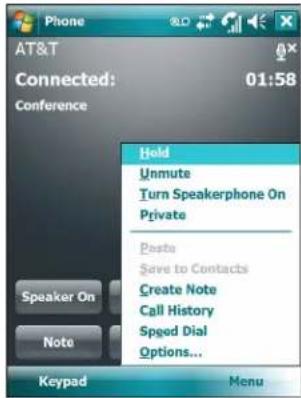 Phone AT&T Connected: 01:58 Conference Hold Unmute Turn Speakerphone On Private Paste Save to Contacts Create Note Call History Speed Dial Options... Speaker On Note Keypad Menu