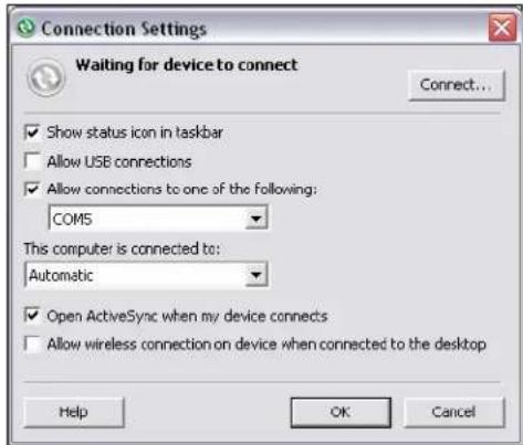 Connection Settings Waiting for device to connect Connect... ✓ Show status icon in taskbar ☐ Allow USB connections ✓ Allow connections to one of the following: COM5 This computer is connected to: Automatic ✓ Open ActiveSync when my device connects ☐ Allow wireless connection on device when connected to the desktop Help OK Cancel