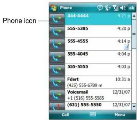 Phone icon 444-4444 4:21 p 555-5385 4:20 p 555-4555 4:14 p 555-4045 4:04 p 555-5555 4:03 p Fdert 10:31 a (425) 555-6789 m Voicemail 12/31/07 +1 (516) 555-5585 (631) 555-5550 12/31/07 Call Menu