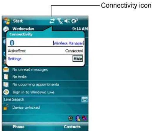 Start Wednesday 9:14 AM Connectivity Wireless Manager ActiveSync Connected Settings Hide No unread messages No tasks No upcoming appointments Sign in to Windows Live Live Search Device unlocked Phone Contacts