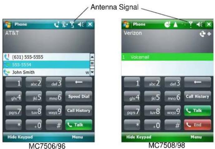 Antenna Signal Phone AT&T (631) 555-5555 555-5554 John Smith W 1 abc2 def3 ghi 4 jkl 5 mno 6 Speed Dial pqrs 7 tuv 8 wxyz 9 Call History * +0 # Talk Hide Keypad Menu MC7506/96 Phone Verizon 1 Voicemail 1 abc2 def3 ghi 4 jkl 5 mno 6 Call History pqrs 7 tuv 8 wxyz 9 Talk * +0 # End Hide Keypad Menu MC7508/98