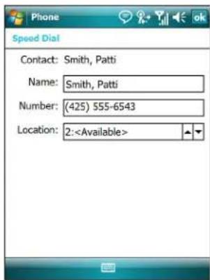 Phone Speed Dial Contact: Smith, Patti Name: Smith, Patti Number: (425) 555-6543 Location: 2: