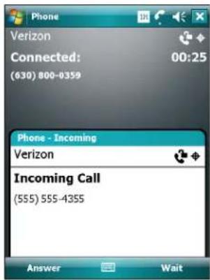 Phone Verizon Connected: (630) 800-0359 00:25 Phone - Incoming Verizon Incoming Call (555) 555-4355 Answer Wait