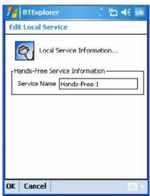 BTEExplorer Edit Local Service Local Service Information... Hands-Free Service Information Service Name Hands-Free 1 OK Cancel