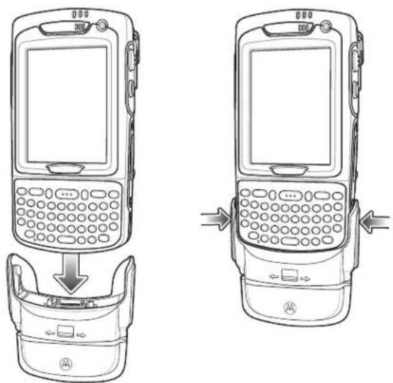 Diagram showing two views of a mobile phone with labeled buttons and directional arrows indicating device placement or status.