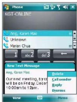 KGT-ONLINE Ang, Karen Mac Unknown Meran Chua 1 abc2 def3 ← New Text Message Ang, Karen Mac Our next meeting, by c will be on Friday, Decar 10:00am to 12pm. Delete Call sender Reply Dismiss View Menu
