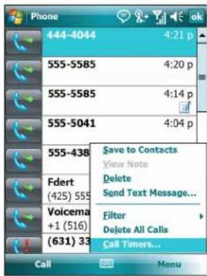 Phone 444-4044 4:21 p 555-5585 4:20 p 555-5585 4:14 p 555-5041 4:04 p 555-438 Save to Contacts View Note Delete Send Text Message... Fdert (425) 555 Voicema +1 (516) (631) 33 Filter Delete All Calls Call Timers... Call Menu