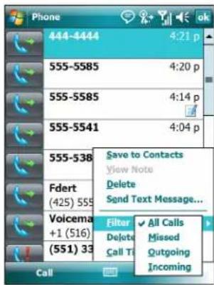 Phone 444-4444 555-5585 555-5585 555-5541 555-538 Fdert (425) 555 Voicema +1 (516) (551) 33 Call Save to Contacts View Note Delete Send Text Message... Filter All Calls Delete Missed Call Ti Outgoing Incoming