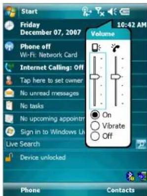 Start Friday December 07, 2007 10:42 AM Phone off Wi-Fi: Network Card Internet Calling: Off Tap here to set owner No unread messages No tasks No upcoming appointntr Sign in to Windows Lh Live Search Device unlocked Volume On Vibrate Off Phone Contacts