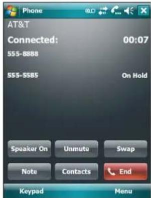 Phone AT&T Connected: 00:07 555-8888 555-5585 On Hold Speaker On Unmute Swap Note Contacts End Keypad Menu