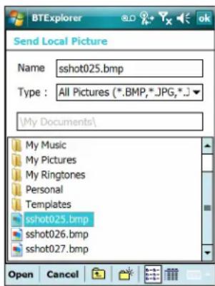 Send Local Picture Name sshot025.bmp Type: All Pictures (*.BMP,*.JPG,.*) My Documents\ My Music My Pictures My Ringtones Personal Templates sshot025.bmp sshot026.bmp sshot027.bmp Open Cancel