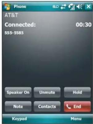 Phone AT&T Connected: 00:30 555-5585 Speaker On Unmuta Hold Note Contacts End Keypad Menu