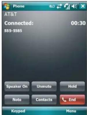 AT&T Connected: 00:30 555-5585 Speaker On Unmute Hold Note Contacts End Keypad Menu
