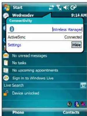 Start Wednesday 9:14 AM Connectivity Wireless Manager ActiveSync Connected Settings Hide No unread messages No tasks No upcoming appointments Sign in to Windows Live Live Search Device unlocked Phone Contacts