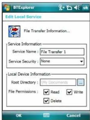 BTExplorer Edit Local Service File Transfer Information... Service Information Service Name : File Transfer 1 Service Security : None Local Device Information Root Directory : My Documents File Permissions : Read Write Delete OK Cancel