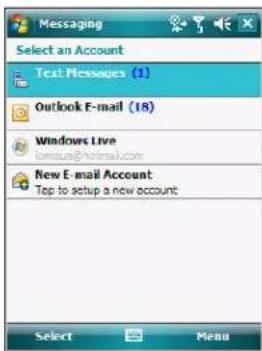 Messaging Select an Account Text Messages (1) Outlook E-mail (18) Windows Live lncusa@hotmail.com New E-mail Account Top to setup a new account Select Menu