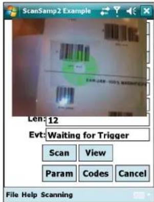 ScanSamp2 Example Len: 12 Evt: Waiting for Trigger Scan View Param Codes Cancel File Help Scanning