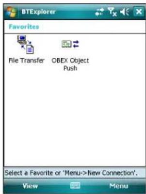 BTExplorer Favorites File Transfer OBEX Object Push Select a Favorite or 'Menu->New Connection'. View Menu