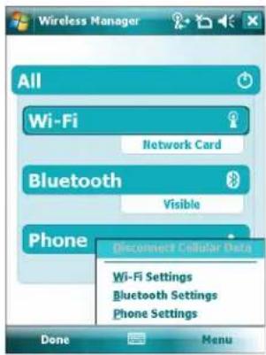 Wireless Manager All Wi-Fi Network Card Bluetooth Visible Phone Disconnect Cellular Data Wi-Fi Settings Bluetooth Settings Phone Settings Done Menu