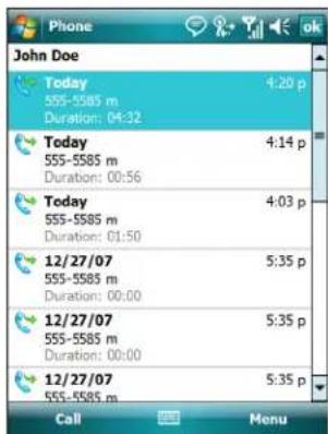 John Doe Today 4:20 p 555-5585 m Duration: 04:32 Today 4:14 p 555-5585 m Duration: 00:56 Today 4:03 p 555-5585 m Duration: 01:50 12/27/07 5:35 p 555-5585 m Duration: 00:00 12/27/07 5:35 p 555-5585 m Duration: 00:00 12/27/07 5:35 p 555-5585 m Call Menu