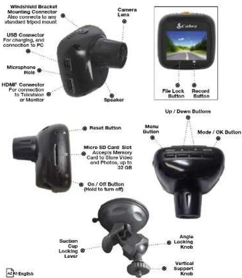 Windshield Bracket Mounting Connector Also connects to any standard tripod mount USB Connector For charging, and connection to PC Microphane Hole HDMI® Connector For connection to Television ® or Monitor Camera Lens Speaker Reset Button Micro SD Card Slot Accepts Memory Card to Store Video and Photos, up to 32 GB On / Off Button (Hold to turn off) Suction Cup Locking Lever Angle Locking Knob Vertical Support Knob Up / Down Buttons File Lock Button Record Button Monu Button Mode / OK Button