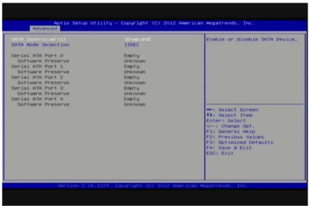 Aptio Setup Utility - Copyright (C) 2012 American Megatrends, Inc. Advanced SATA Controller(s) [SATA Mode Selection] [Enabled] [IDE] Enable or disable SATA Device. Serial ATA Port 0 Empty Software Preserve Unknown Serial ATA Port 1 Empty Software Preserve Unknown Serial ATA Port 2 Empty Software Preserve Unknown Serial ATA Port 3 Empty Software Preserve Unknown Serial ATA Port 4 Empty Software Preserve Unknown +: Select Screen ↑↓: Select Item Enter: Select +/-: Change Opt. F1: General Help F2: Previous Values F3: Optimized Defaults F4: Save & Exit ESC: Exit Version 2.15.1229. Copyright (C) 2012 American Megatrends, Inc.