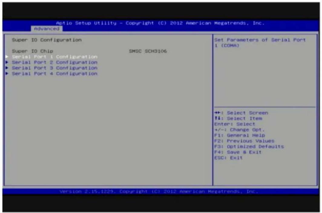 Aptlo Setup Utility - Copyright (C) 2012 American Megatrends, Inc. Advanced Super IO Configuration Super IO Chip SMSC SCH3106 ► Serial Port 1 Configuration ► Serial Port 2 Configuration ► Serial Port 3 Configuration ► Serial Port 4 Configuration Set Parameters of Serial Port I (COMA) +: Select Screen ↑↓: Select Item Enter: Select +/-: Change Opt. F1: General Help F2: Previous Values F3: Optimized Defaults F4: Save & Exit ESC: Exit Version 2.15.1229. Copyright (C) 2012 American Megatrends, Inc.