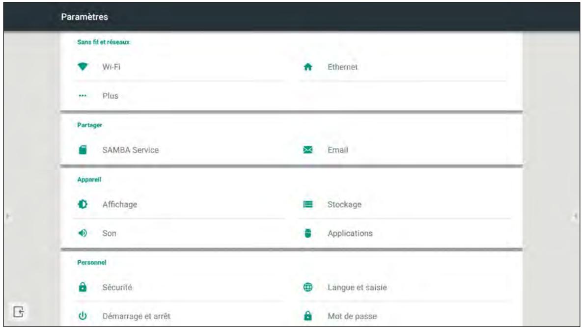 Paramètres Sans fil et réseaux Wi-Fi Ethernet ... Plus Partager SAMBA Service Email Appareil Affichage Stockage Son Applications Personnel Sécurité Langue et saisie Démarrage et arrêt Mot de passe