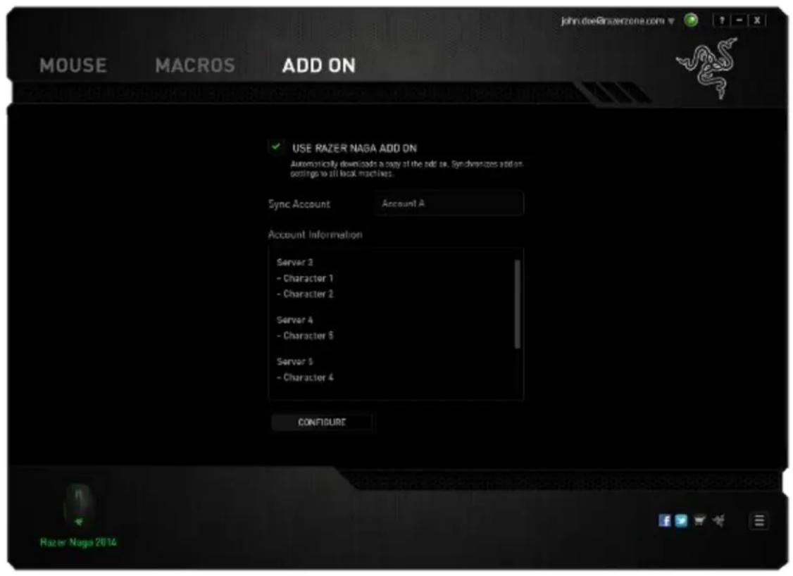 USE RAZER NASA ADD ON Automatically downloads a copy of the add on. Synchronizes add an settings to all back machines. Sync Account Account A Account Information Server 3 - Character 1 - Character 2 Server 4 - Character 5 Server 5 - Character 4 CONFIGURE Razer Naga 2014