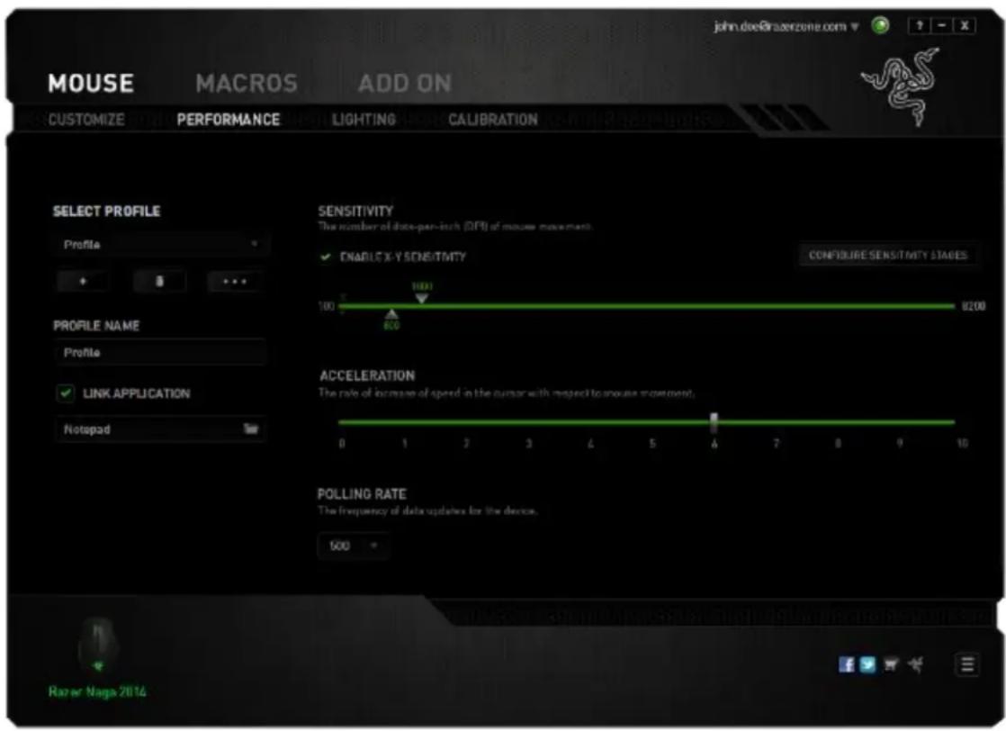 MOUSE MACROS ADD ON CUSTOMIZE PERFORMANCE LIGHTING CALIBRATION SELECT PROFILE Profile SENSITIVITY The number of data-per-inch (DPI) of mouse movement. ✓ ENABLE X Y SENSITIVITY 100 800 8200 CONFIGURE SENSITIVITY STAVES PROFILE NAME Profile ACCELERATION The rate of increase of speed in the cursor with…