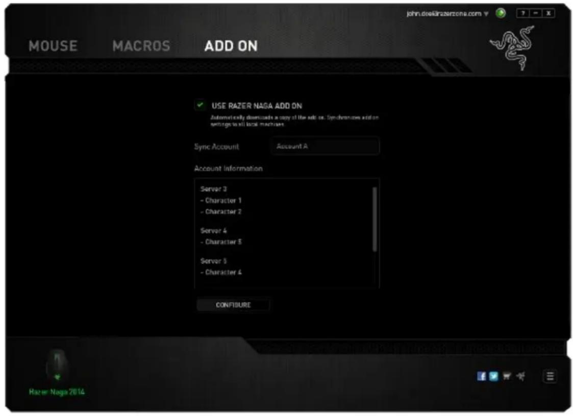 USE RAZER NASA ADD ON Automatically downloads a copy of the add on. Synchronos add on settings to all local machines. Sync Account Account A Account Information Server 3 - Character 1 - Character 2 Server 4 - Character 5 Server 5 - Character 4 CONFIGURE Razer Naga 2014