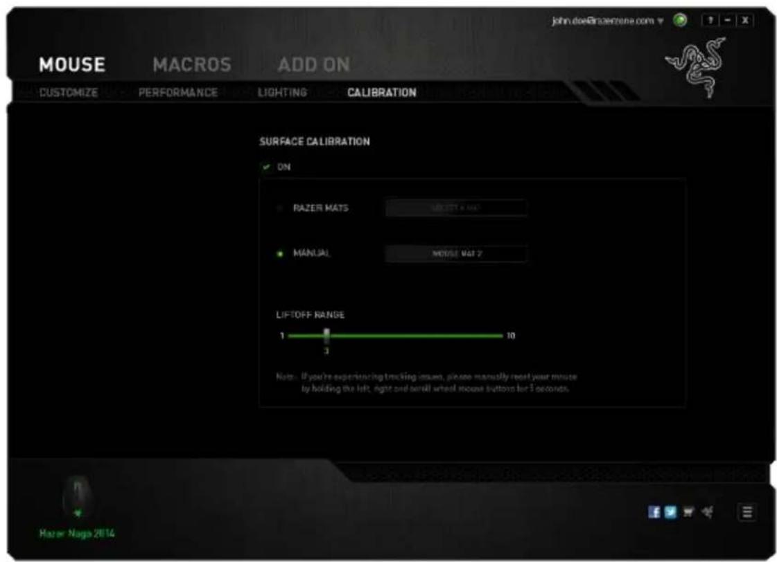 MOUSE MACROS ADD ON CUSTOMIZE PERFORMANCE LIGHTING CALIBRATION SURFACE CALIBRATION ✓ ON RAZER MATS NO SET 4 MAP MANUAL MOUSE MAT 7 LIFTOFF RANGE 1 3 10 Note: If you're experiencing tracking issues, please manually reset your mouse by holding the left, right and small wheel mouse buttons for 5 second…