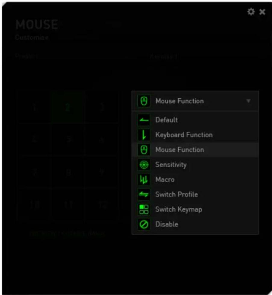 MOUSE Customize Mouse Function Default Keyboard Function Mouse Function Sensitivity Macro Switch Profile Switch Keymap Disable