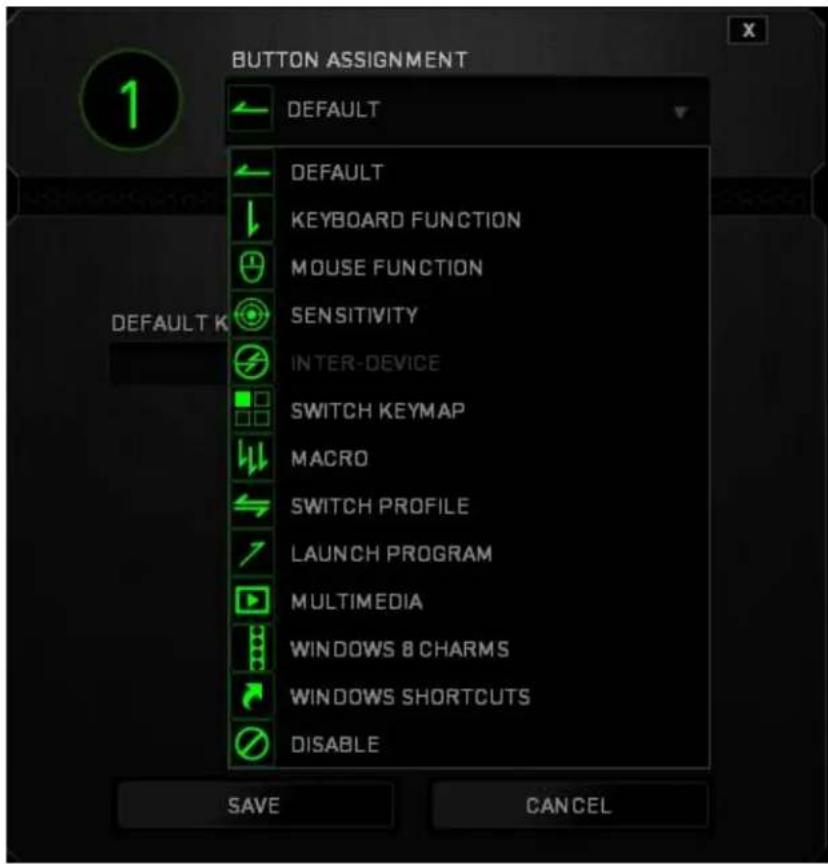 BUTTON ASSIGNMENT DEFAULT DEFAULT KEYBOARD FUNCTION MOUSE FUNCTION SENSITIVITY INTER-DEVICE SWITCH KEYMAP MACRO SWITCH PROFILE LAUNCH PROGRAM MULTIMEDIA WINDOWS 8 CHARMS WINDOWS SHORTCUTS DISABLE SAVE CANCEL