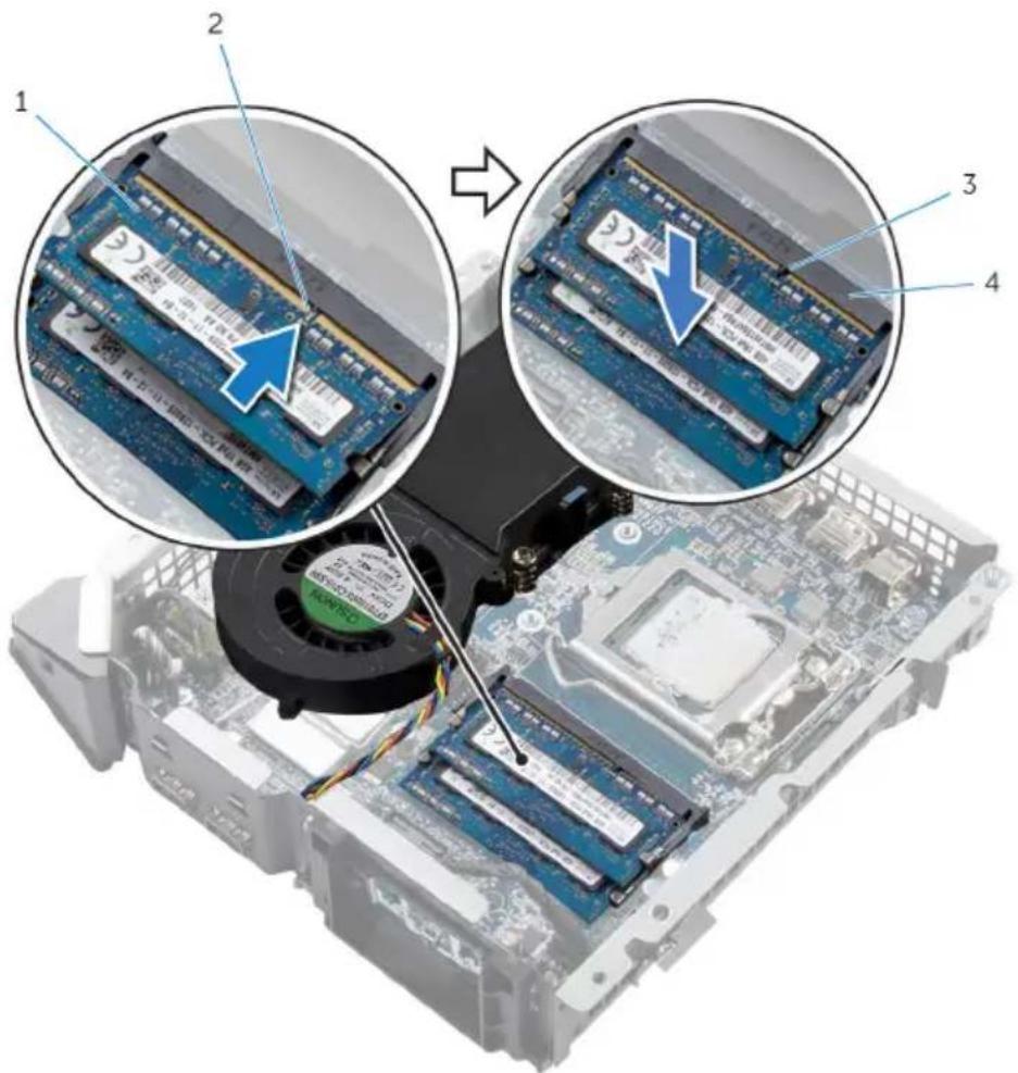 Diagram showing computer RAM slots being installed on a motherboard, with numbered annotations highlighting key components.