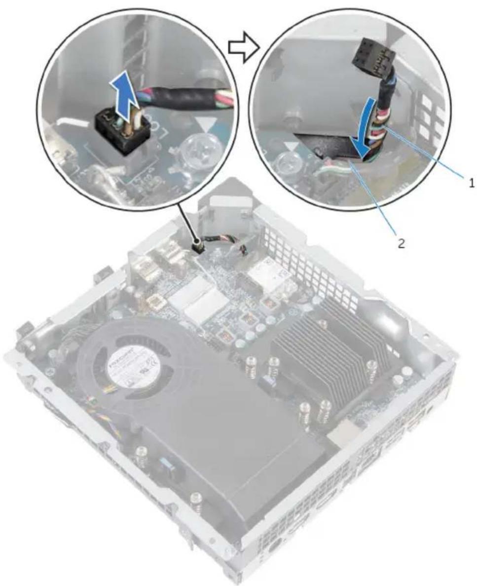 Diagram showing a computer motherboard with close-up insets highlighting component details, labeled 1 and 2.
