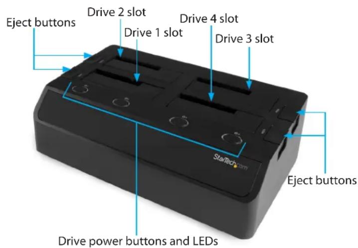 Eject buttons Drive 2 slot Drive 1 slot Drive 4 slot Drive 3 slot Eject buttons Drive power buttons and LEDs StarTech.com