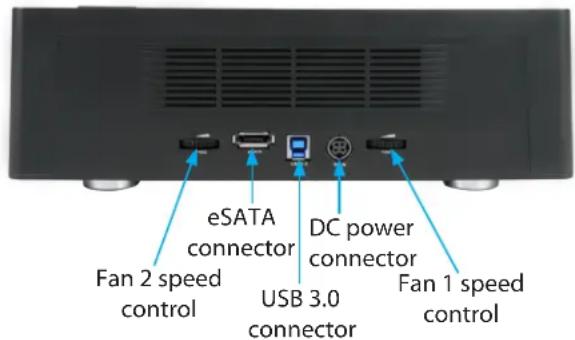 eSATA connector DC power connector Fan 2 speed control USB 3.0 connector Fan 1 speed control