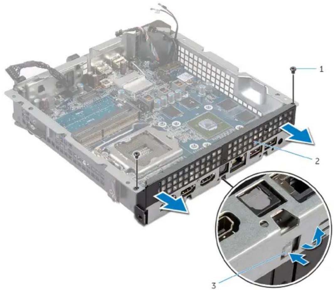 Technical diagram of a computer motherboard with labeled components and an inset close-up showing internal slots and ports.